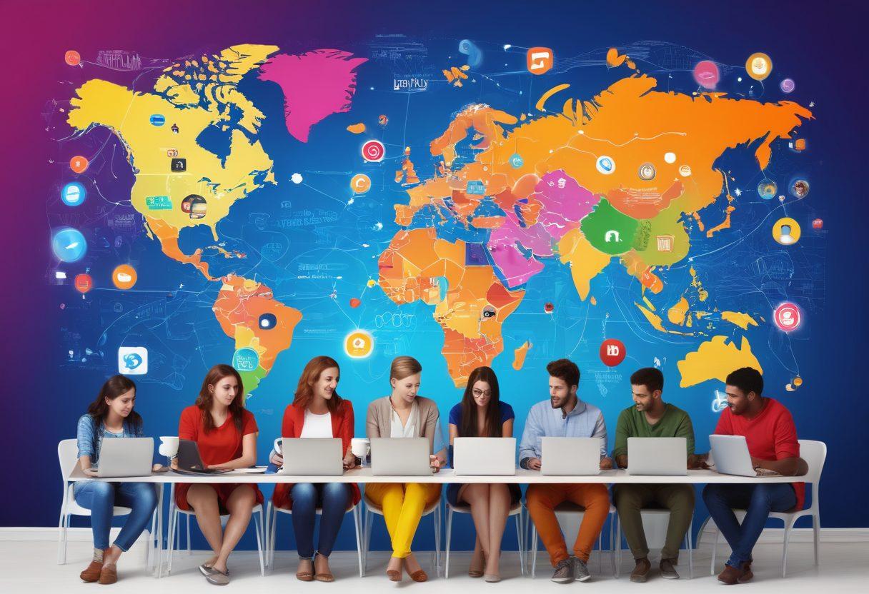 A dynamic composition featuring a diverse group of individuals engaged in personal blogging, surrounded by vibrant elements like social media icons, laptops, and coffee cups. The backdrop includes a digital world map symbolizing connectivity in the 26c community. Emphasize creativity and collaboration with bright colors and inspiring quotes. vibrant colors. super-realistic.