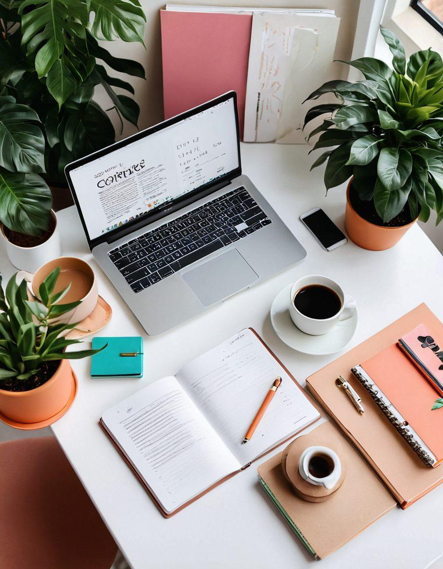 A cozy workspace featuring a stylish digital diary on a sleek laptop, surrounded by colorful stationery, a steaming cup of coffee, and a vision board filled with trending design ideas. Include vibrant plants for a refreshing touch and soft, ambient lighting to create an inviting atmosphere. artistic illustration. warm tones. clean and minimalist style.