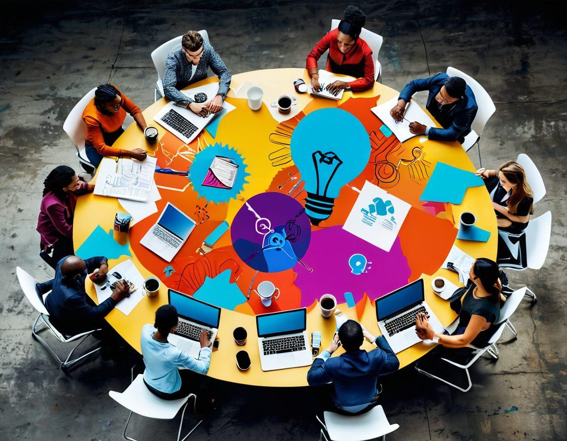 A vibrant and dynamic scene showcasing a diverse group of creative individuals collaborating around a large, round table filled with colorful papers, laptops, and coffee mugs. Illustrate a lightbulb above the table representing innovative ideas, surrounded by visual metaphors like gears, arrows, and digital content flying through the air. The background should hint at a bustling cityscape symbolizing the 26c Blogosphere. bright colors. modern art style.